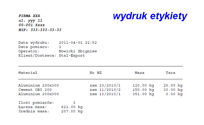 Program do archiwizacji ważeń - wydruk etykiety