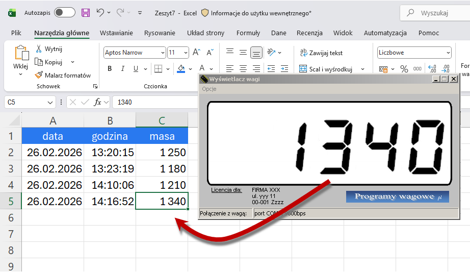 Program wyświetlacz wagowy - wpisywanie wagi do Excel
