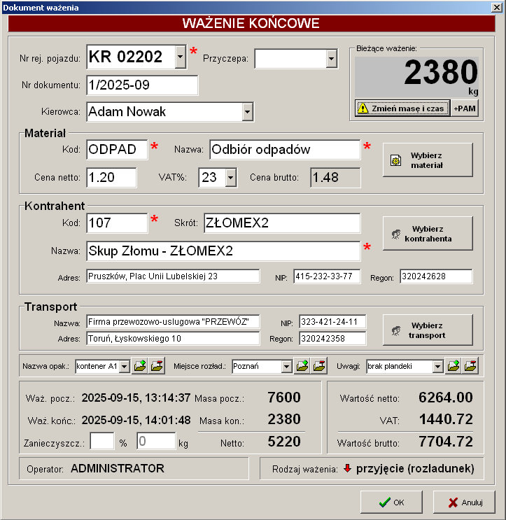 Program do wagi samochodowej - dokument ważenia