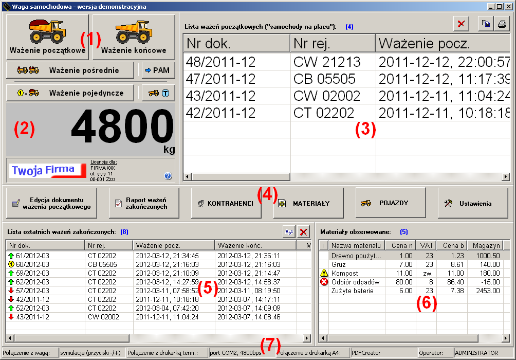Program do wagi samochodowej - ekran główny